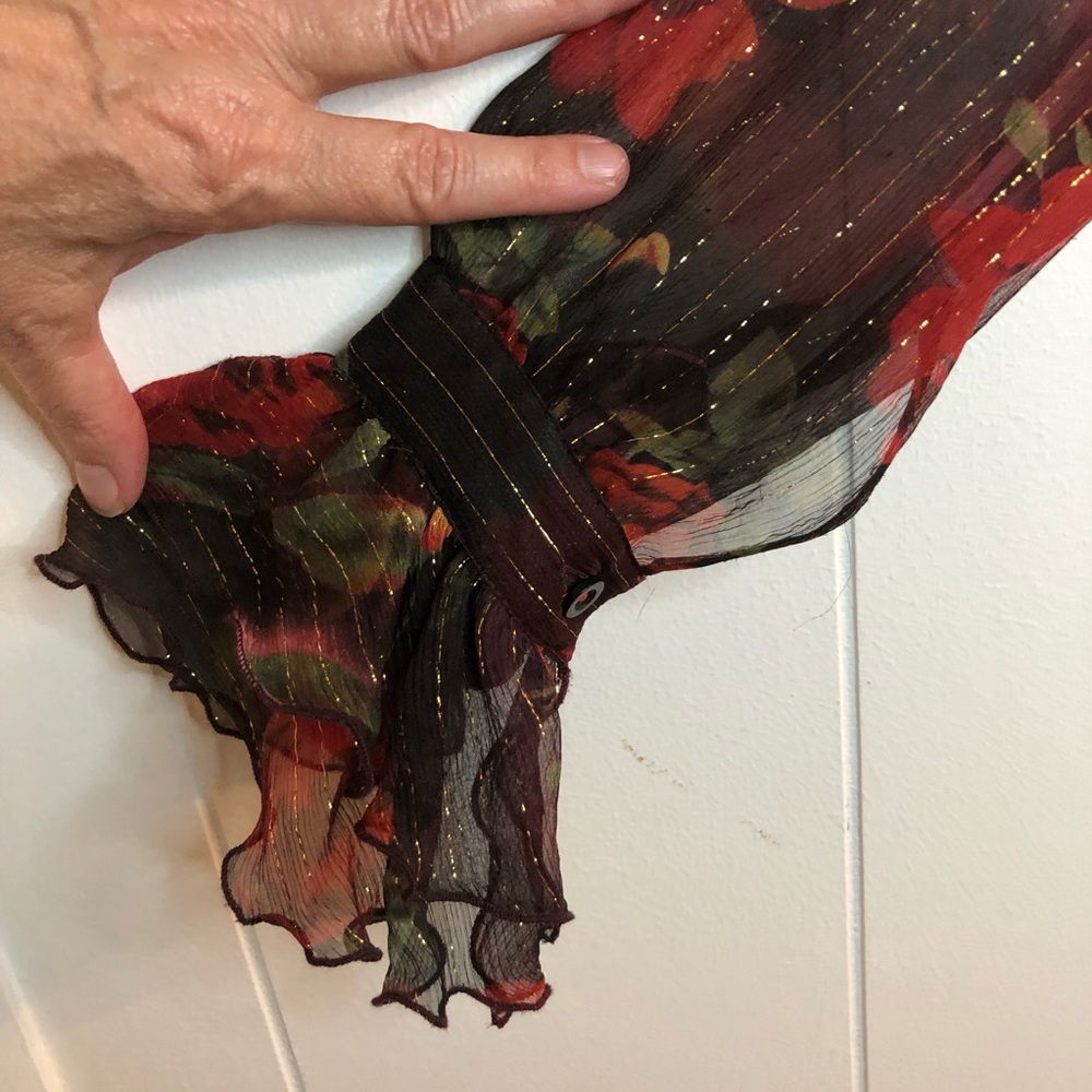 Cache Foliage Colors Sheer Floral Ruffle Blouse with Metallic Stripe XS - Picture 2 of 6
